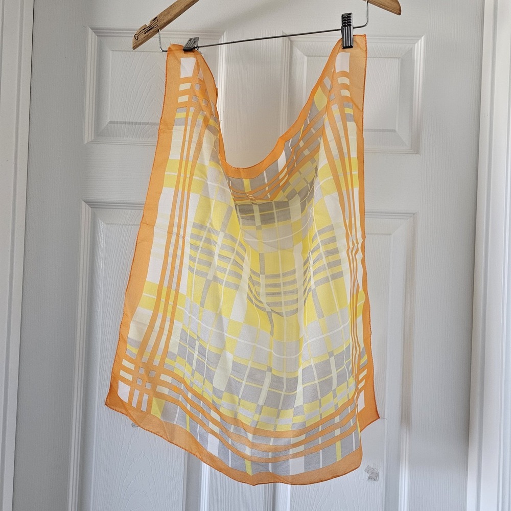 1970s Sheer Vintage Geometric Border Scarf Yellow Orange White Accessories #21